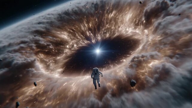 4k cinematic deep-space composition showing an astronaut suspended in zero gravity before an enormous black hole with a luminous accretion ring. The astronaut is centered in the fra