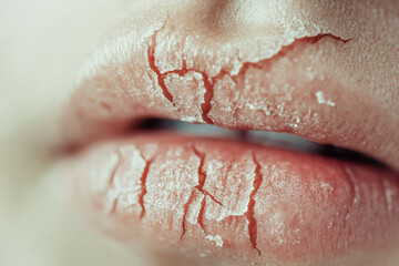 Obraz premium Extreme close-up of chapped lips with peeling cracked skin revealing dryness and discomfort.