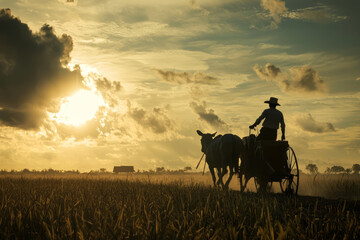 Farmer with ox-drawn cart plowing field at sunset.