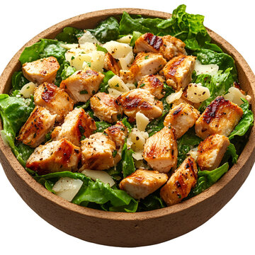 Grilled chicken caesar salad in bowl closeup