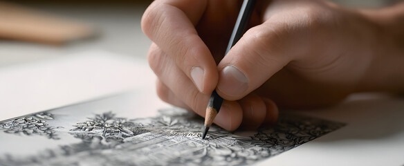 hand sketching intricate drawing on plain white sheet with a pencil tool