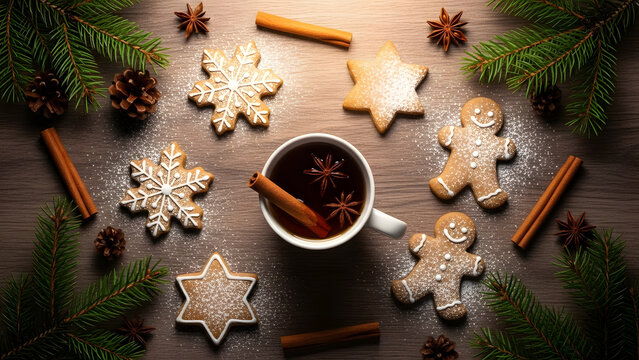 Festive winter treats with hot drink on rustic wooden table