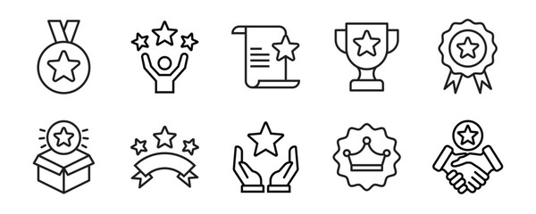 Star icon set. Containing rating, winner, medal, award, benefit, sparkle, shine, cup, badge and more. Editable line icons. Vector illustration.