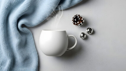 White Mug with Hot Drink, Pine Cone and Silver Bells on White Table
