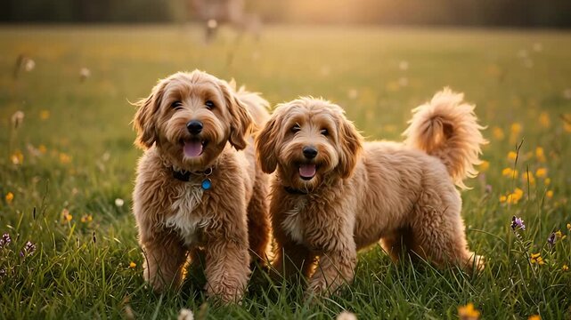 Adorable Goldendoodle Puppies Playing in a Sun-Kissed Meadow: A heartwarming video of playful