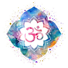 Om symbol painted inside a flower frame or mandala, watercolor texture, splashes of paint, colorful bright illustration. Can be used for prints, printing design, home decor design and more.