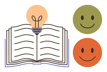 Open book radiating learning with a light bulb for creativity, coupled with two happy faces representing positivity and feedback. Ideal for education, innovation, learning, ideas, growth mindset