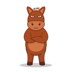 Grumpy cartoon horse standing upright with crossed arms. Vector character for editorial use, children’s media, animal themed content, humorous signage