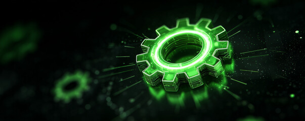 Glowing green gear icon representing innovative configuration settings in futuristic digital technology concept with neon light effects on dark background