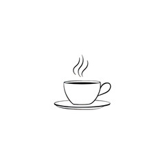 Obraz premium Simple line art drawing of a steaming coffee cup and saucer isolated on transparent background