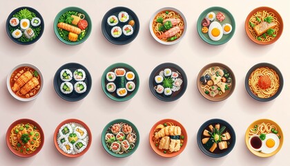 A vibrant and diverse culinary assortment of small, colorful Asian dishes, showcasing a delightful mix of healthy and delicious meals arranged neatly from a top-down perspective