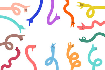 Flexible Hand Long Arm Banner. Abstract Comic Gesture Hands Background with Funky Style fot Text. Vector White Color Bg