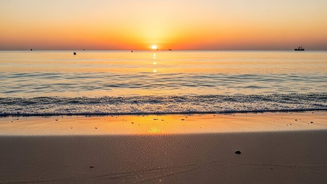 Sunset Tropical Beach Panorama with Closeup Sand and Calm Seascape Horizon