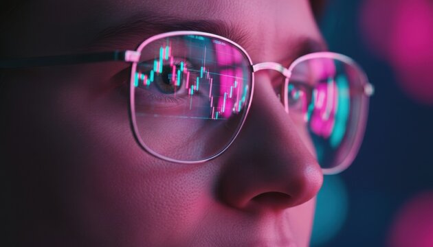 Focused trader's eye in glasses reflecting a vibrant candlestick chart of financial market data, showing intense concentration under futuristic pink and cyan neon lighting