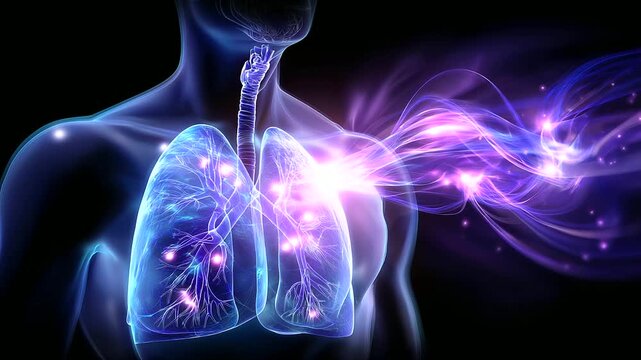 Respiratory system render, three-dimensional lungs torso, purple energy wave, breathing health vitality, science visualization display, pulmonary anatomy focus, medical education c