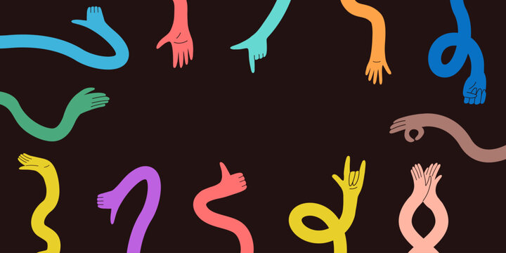 Flexible Hand Long Arm Cartoon Banner. Abstract Comic Gesture Hands Background with Funky Style fot Text. Vector Dark Color Bg