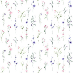 Watercolor seamless pattern with wildflowers on white background - illustration with pink blue purple buds and branches. Prints with Herbs, Marshmallow flowers, bluebell and chicory
