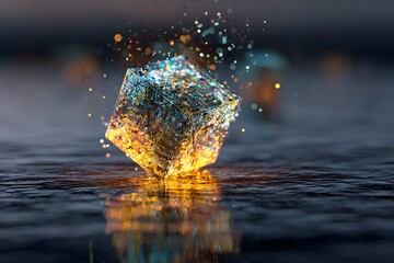 Glowing holographic cube splashing with colorful digital particles