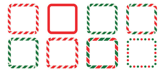 Christmas candy cane stripe border set, red and green square frames designed for holiday cards, festive banners, winter decoration projects,