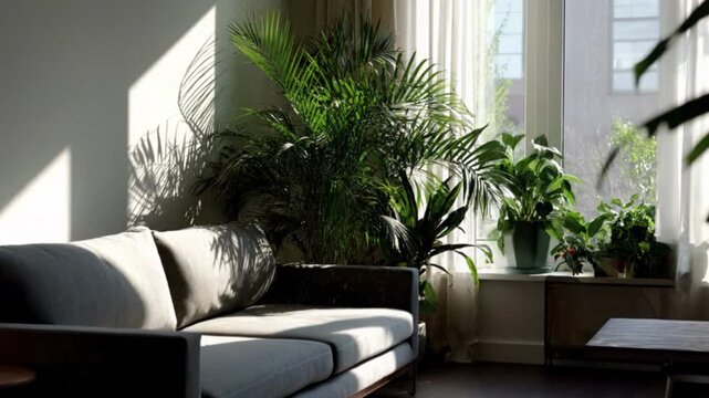 Sunlit Modern Living Room with Grey Sofa and Dancing Dust Particles