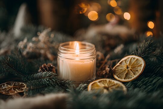 Soft candlelight with holiday greenery and dried citrus slices - Powered by Adobe