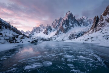 Obraz premium Frozen alpine lake surrounded by jagged snowy peaks