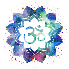 Om symbol painted inside a flower frame or mandala, watercolor cosmic space texture, splashes of paint, colorful bright illustration. Can be used for prints, printing design, home decor design.
