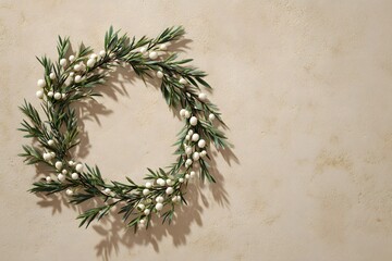 Fototapeta premium Minimalist pine wreath with white berries on textured neutral background