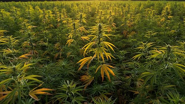 Aerial view of a vast cannabis plantation in a field under the golden light of sunset with