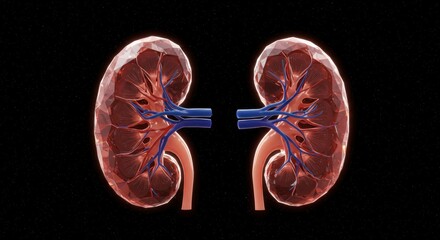 Detailed 3D Render of Human Kidneys with Vascular Connections Against Black Background.