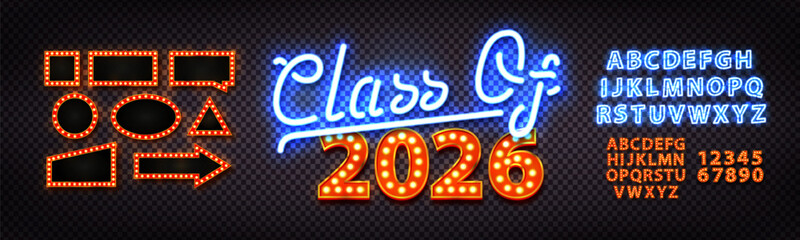 Vector marquee neon sign of Class 2026 with neon font isolated on the transparent background.