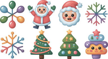 Cute christmas character and tree icon set.