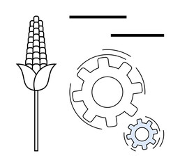 Corn stalk alongside large and small gears in motion. Ideal for agriculture, technology, food production, machinery, sustainability, innovation, process optimization. Simple flat metaphor