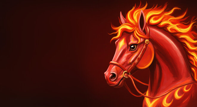 Red horse with fiery mane on dark background representing Year of the Horse, copy space  