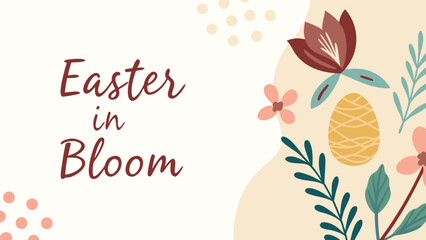 Happy easter in bloom with decorative flowers and a stylized egg on a soft cream background with abstract shapes and dots