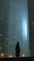 Silhouette figure futuristic cityscape