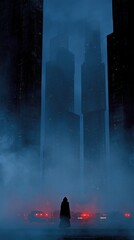 Foggy night cityscape silhouette