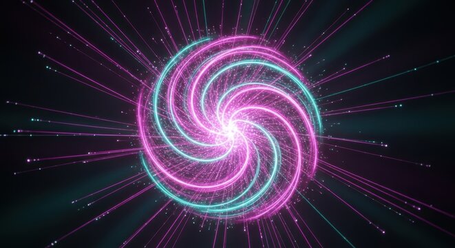 Abstract Neon Spiral Energy Burst with Pink and Teal Light Trails. - Powered by Adobe