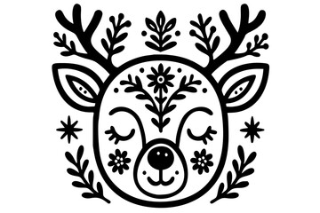 Decorative deer head illustration with floral elements and closed eyes. This charming deer design is perfect for holiday cards, nursery decor, or any project needing a touch of whimsy