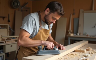 Young adult Caucasian man working with wood planer, shaping wooden plank in carpentry workshop, focused on craftsmanship, wood shavings scattered on workbench, wearing apron. High quality