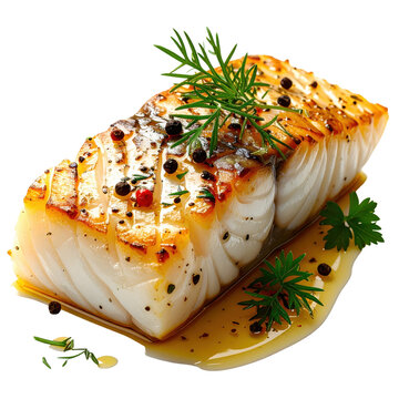 Filet de perche isolated on pure white, a close-up view showcasing the flaky texture and golden crust of the perch fillets