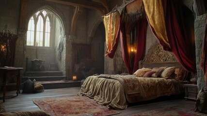 Video A cozy bedroom with a big bed and red curtains, perfect for a romantic getaway or a relaxing night's sleep