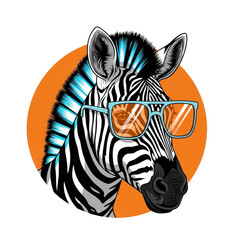 Stylish zebra wearing blue sunglasses with a vibrant orange background isolated on transparent background