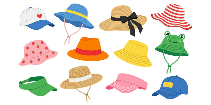 Assortment of colorful cartoon hats including baseball caps bucket hats sun hats and visors some with patterns and drawstrings on a white background collection summer