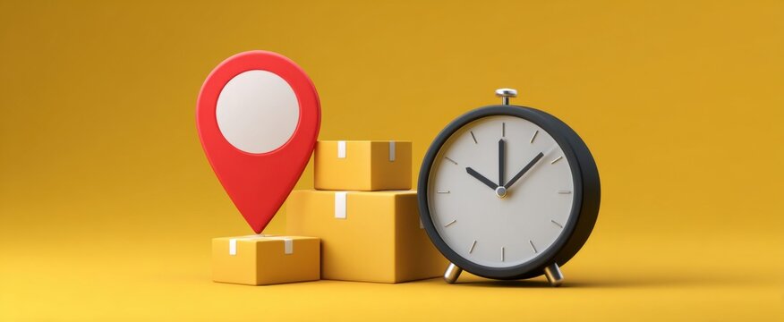 Alarm clock with parcels and a location pin showing delivery time details