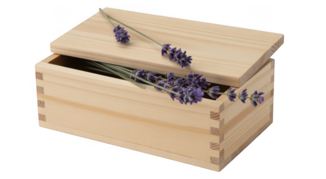 Light wood box with open lid and purple lavender sprigs inside isolated on a transparent background