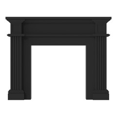 Elegant black fireplace mantel with classic architectural details on a white background