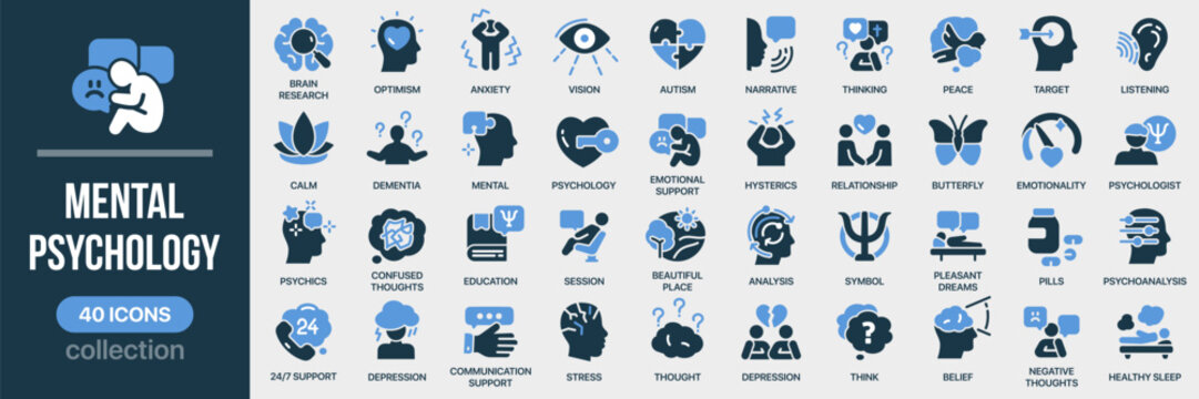 Mental and psychology fill icon collection. Includes therapy, brain, emotions, support, stress, and recovery icons. Created in colored style with blue palette