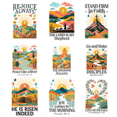 Fototapeta premium Set of Christian Retro Folk Art, Bible Verse shirt, Scripture Quote T-shirt, Retro Vintage Faith Religious illustration 