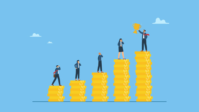 Diverse business people on growing money coins as salary or wages payment. Salary or wages, employee income or career development, job performance pay, equality or motivation to career growth.